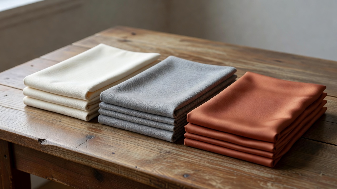 Row of folded fabric swatches in cream cotton, grey merino and terracotta modal on a wooden table