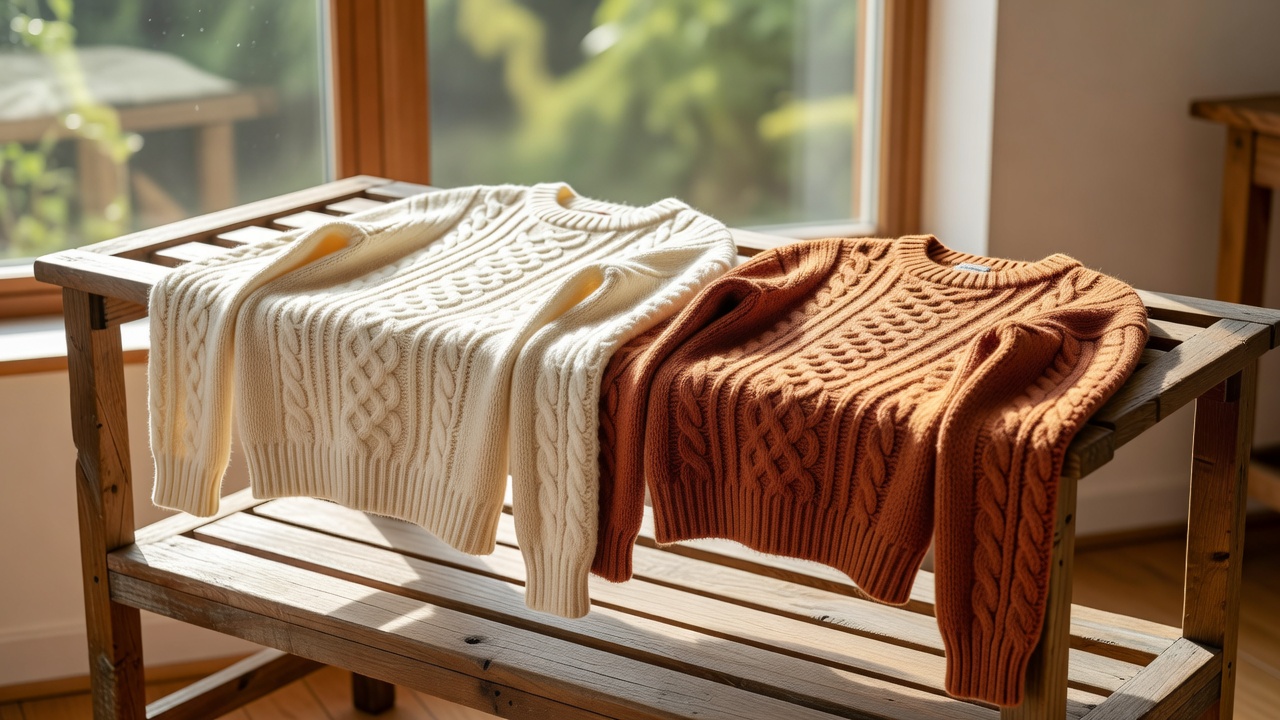 Cream and terracotta knit sweaters drying flat on a wooden rack beside a bright window