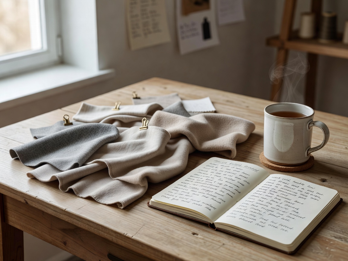 Desk with fabric swatches, a notebook of handwritten care notes and a mug of tea