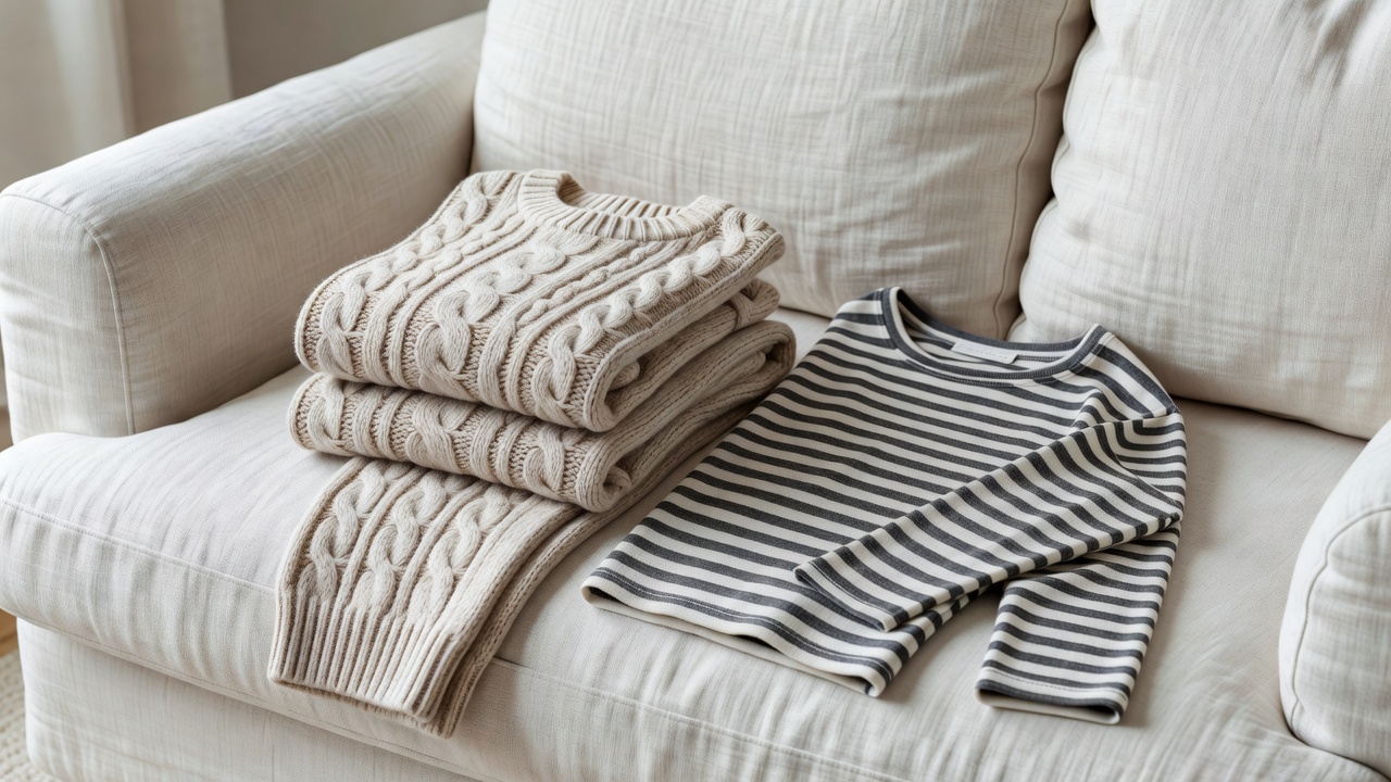 Folded oatmeal knit lounge set and a striped long-sleeve tee resting on a linen sofa