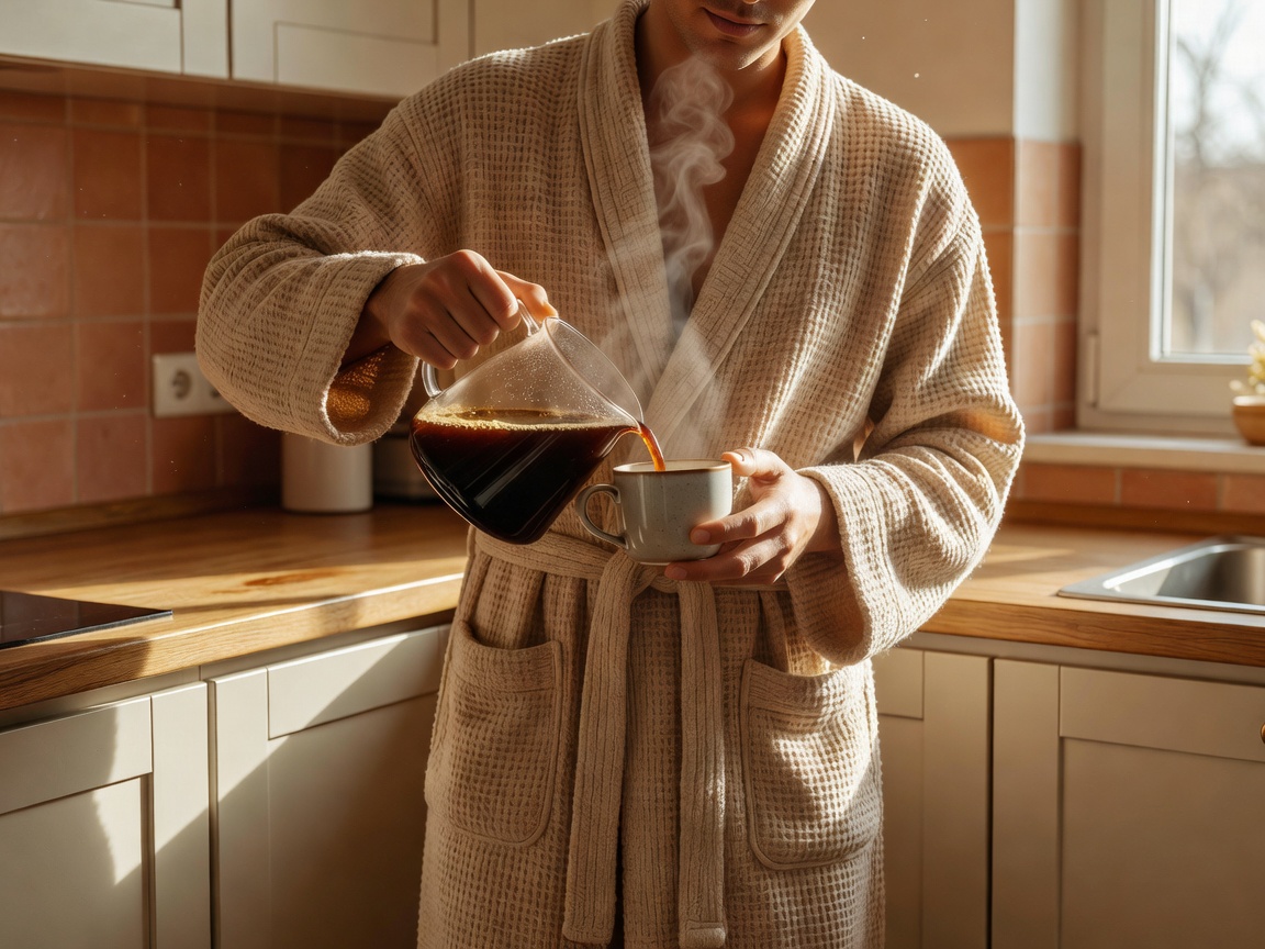 Person in a sand-coloured waffle-knit robe pouring coffee in a sunny kitchen