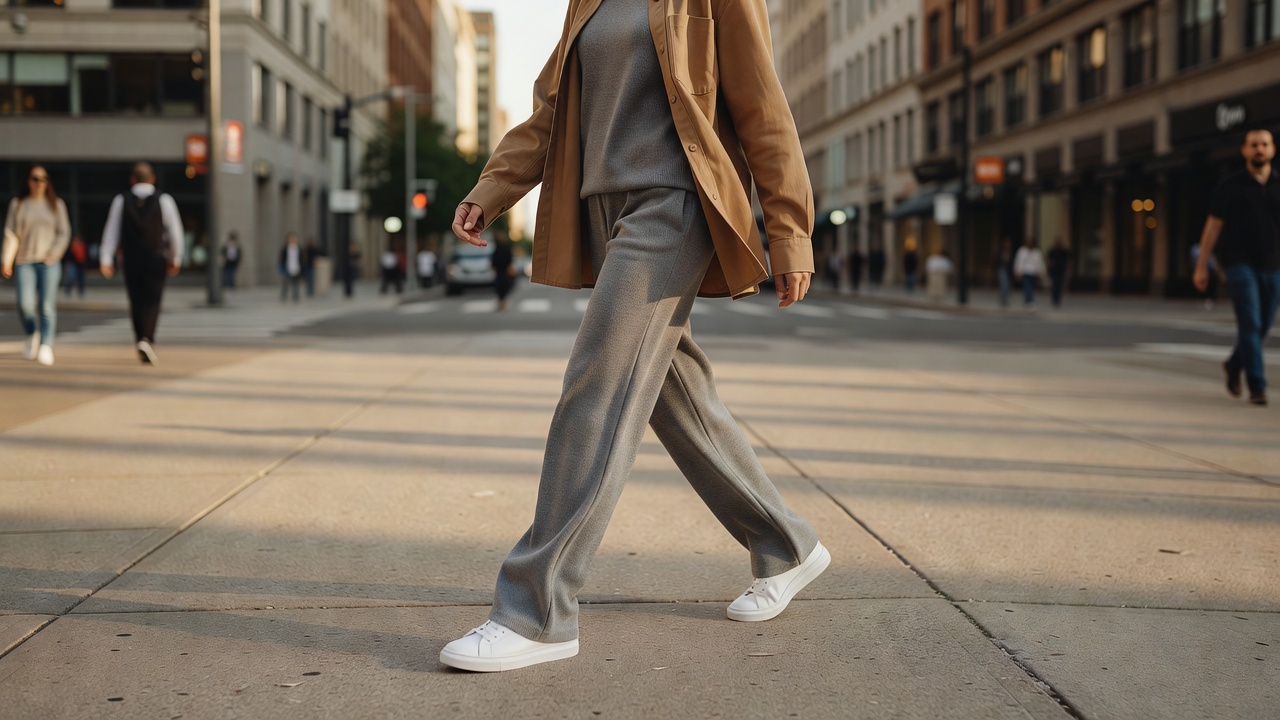 Person walking on a city pavement in wide-leg grey knit trousers, white trainers and a camel overshirt